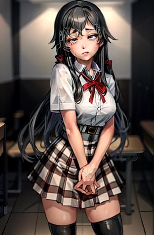 1 girl as yukino yukinoshita, absurdres, highres, solo, school uniform, big breasts, waist long black hair, (twintails:0.5), miniskirt, black thighhigh socks, loose red ribbon, unbuttoned white shirt, (ahegao:1.1), (rolling eyes:1.1), (female masturbation:1.1)