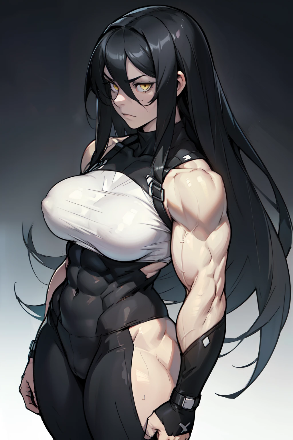 ((((muscular 1girl)))) ((((thick toned body breasts)))) (pale skin) black hair yellow eyes very long hair expressionless expressionless skintight