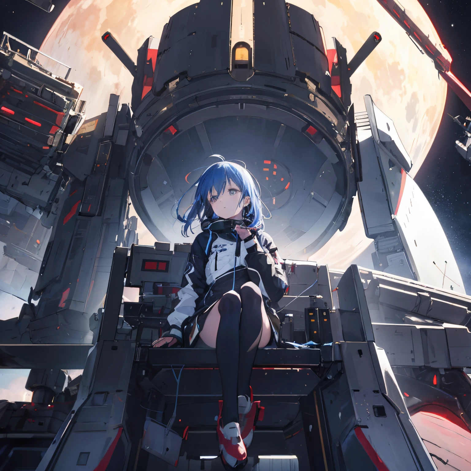 far away, distant perspective, sad anime girl pilot looking away, wearing high tech suit, sitting on and outside of big mecha robot in outer space ((best quality)), ((masterpiece)), (detailed), perfect face, fully clothed