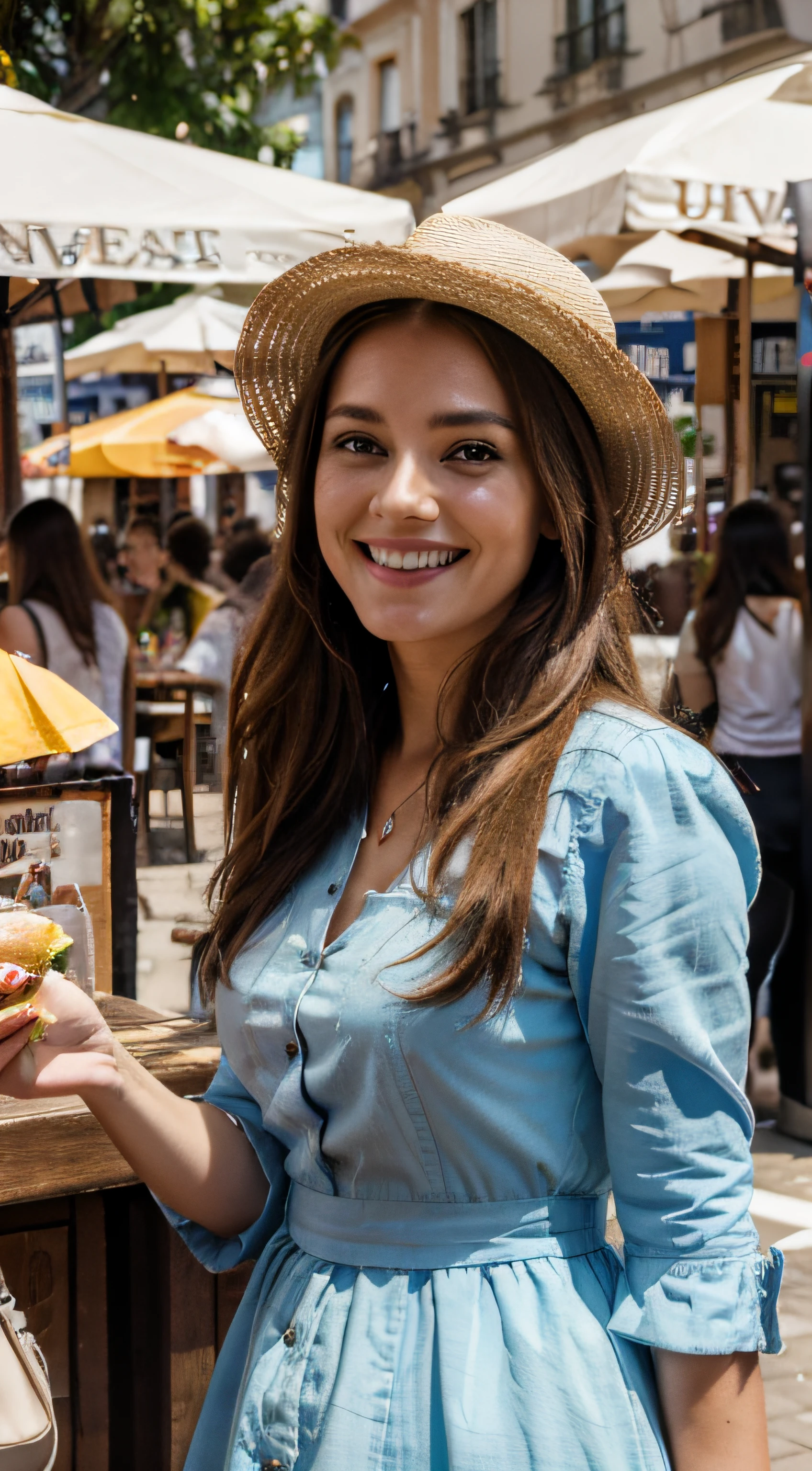 (best quality,highres,ultra-detailed:1.2), HDR, vivid colors, beautiful woman, age 25, Sao Paulo square, lively atmosphere, charming architecture, colorful flowers, happy people, stunning view, cozy cafe, outdoor dining, sunny weather, elegant dress, stylish hat, joyful expression, long flowing brown hair, vibrant street performers, bustling crowd, street musicians, mouthwatering food stands, historical landmarks, blue sky, warm sunshine, laughter and laughter, carefree moments