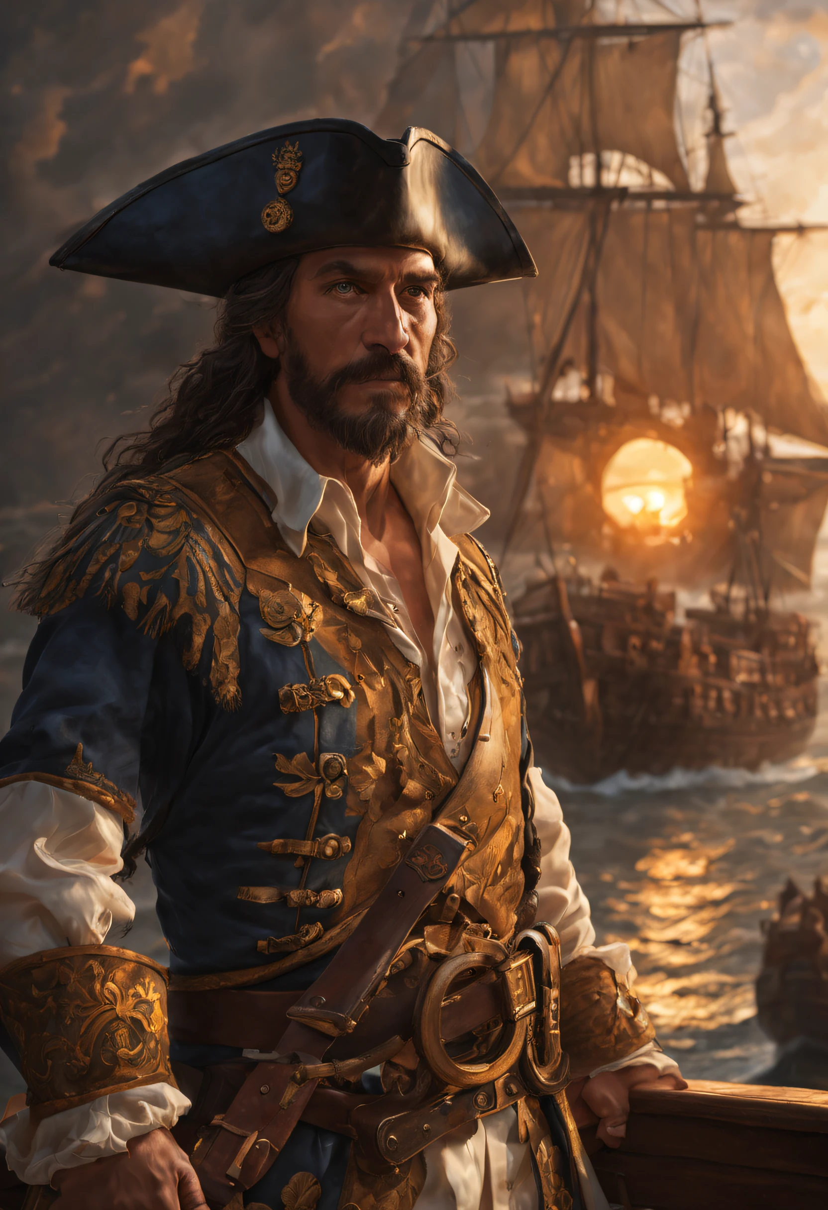 As the sun began to set, the pirate captain stood at the helm of his ship, gazing out into the horizon. The warm golden hues of the sun illuminated his ornate attire, casting a warm glow across the deck. The sea was calm, and the ship was anchored near rocky terrain. The captain’s thoughts drifted to the past, and he wondered what the future held for him and his crew. Suddenly, he heard a commotion from below deck, and he knew that trouble was brewing. He turned to face his crew, his eyes blazing with determination. “We may be pirates, but we are not thugs,” he declared. “We are men of honor, and we will fight for what we believe in.” With that, he drew his sword and led his crew into battle against their enemies.