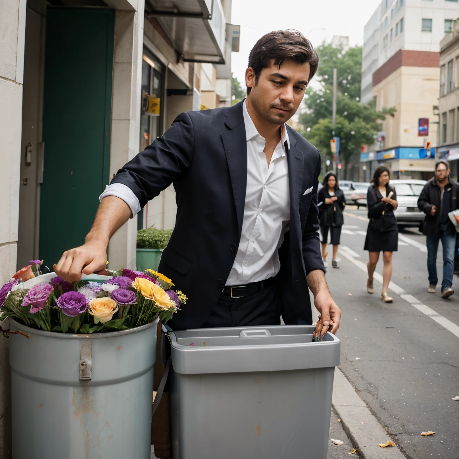 I want an image of a man throwing a bouquet of flowers in the trash can