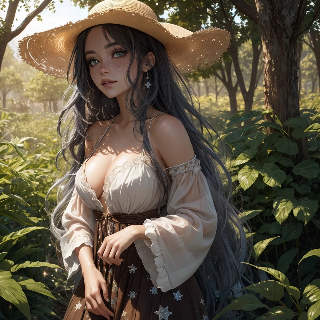 closeup full portrait cowgirl woman during sunrise wearing a floppy straw hat" short_neck twinkling lights | epic | vibrant sunrise | sharp_image | perfect_eyes | anime_realism 3D ambient occlusion perfect | gorgeous | stunning animated | curvy | twisting trees | comicbook | overgrown | saturated color | deep_color | deep depth of field | polished | whimsical gothic fairycore | stars | intricate beautiful ethereal makeup | freckles | long hair | high_resolution | sparkle, gloss sheen glittering radiant holy glow