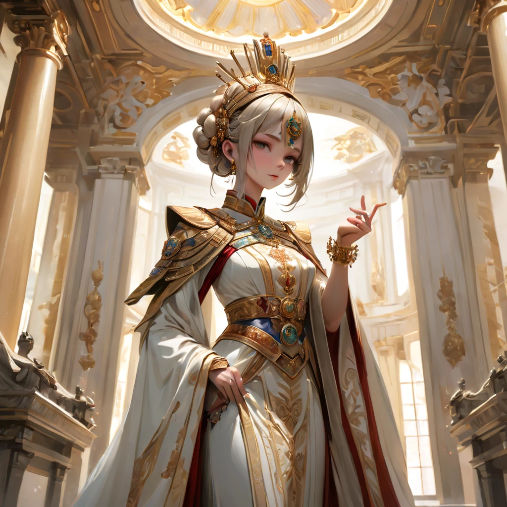 A regal woman hailing from an Imperial world, adorned in luxurious attire befitting her noble status. She exudes an air of authority and sophistication, with subtle signs of affiliation to the Imperial Creed. Mid-shot. Slightly from below. Background: The opulent halls of an Imperial palace, adorned with symbols of the Imperium, and perhaps an Aquila prominently displayed to showcase her unwavering allegiance. best quality, masterpiece, ultra-detailed, 8k, depth of field, cinematic composition.