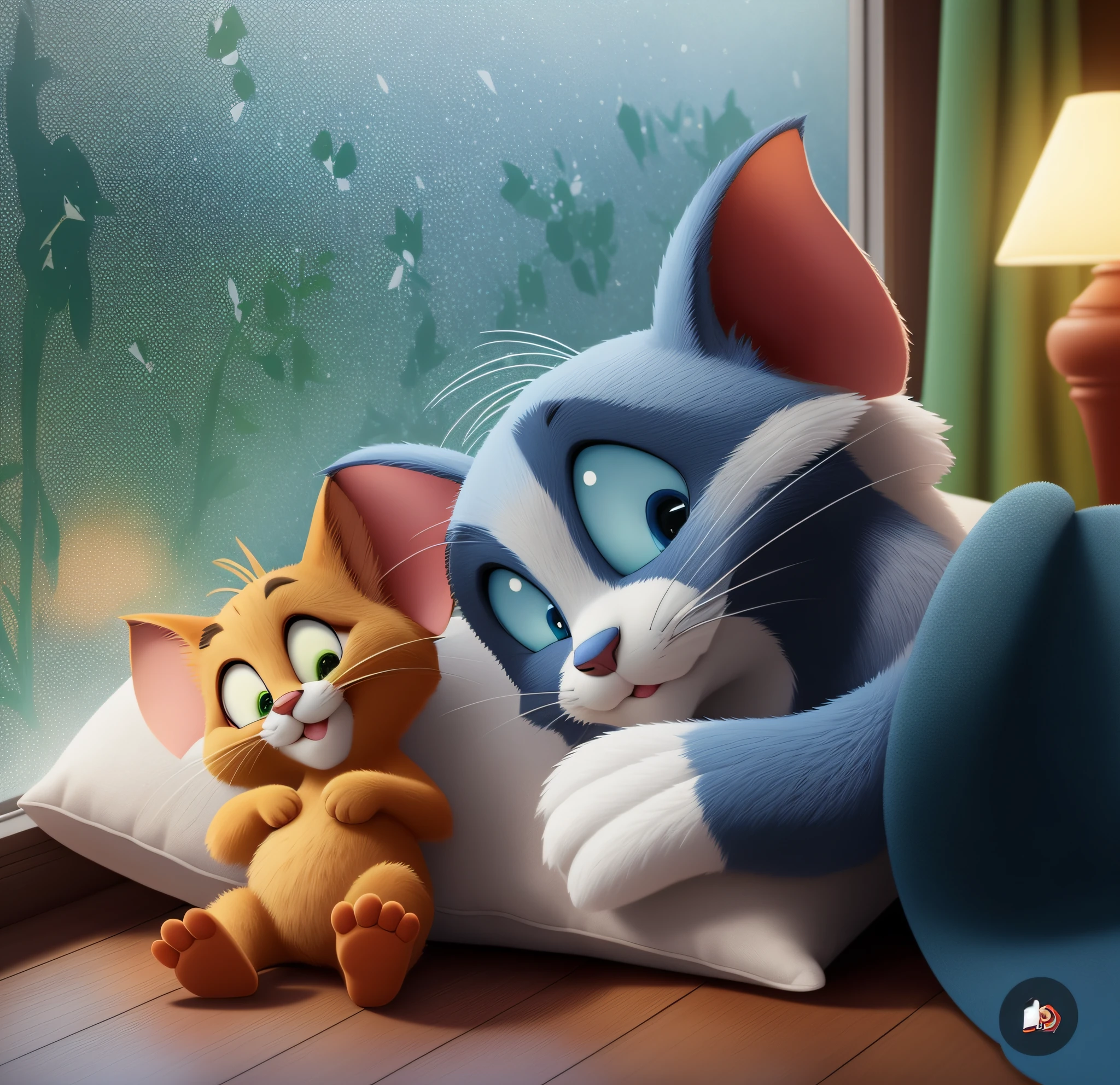 there is a cat and a mouse lying on a pillow, Tom e Jerry, Tom e Jerry da vida real, 3 d desenho animado, arte dos desenhos animados, desenhos animados realistas, animation film, painting digital adorable, in style of disney animation, arte de pintura digital dos desenhos animados, cena mal-humorada dos desenhos animados, pintura digital dos desenhos animados, cena de filme animado, Disney fotorrealista |, 3 d animated movie, imagem ultra realista