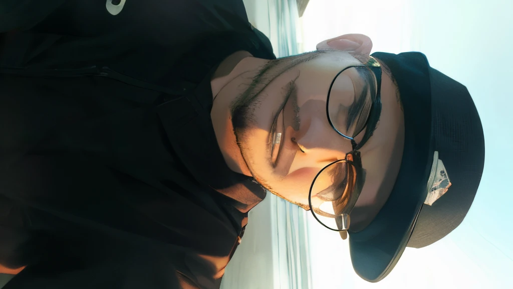 there is a man with glasses and a hat posing for a photo, imagem de qualidade muito baixa, Fotografia selfie 8k, with glasses and goatee, com nerd! glasses! e cavanhaque, with nerdy glasses and goatee, foto de baixa qualidade, Looking directly at the camera, selfie de um homem, vacation photo, detailed unblurred face, em uma praia