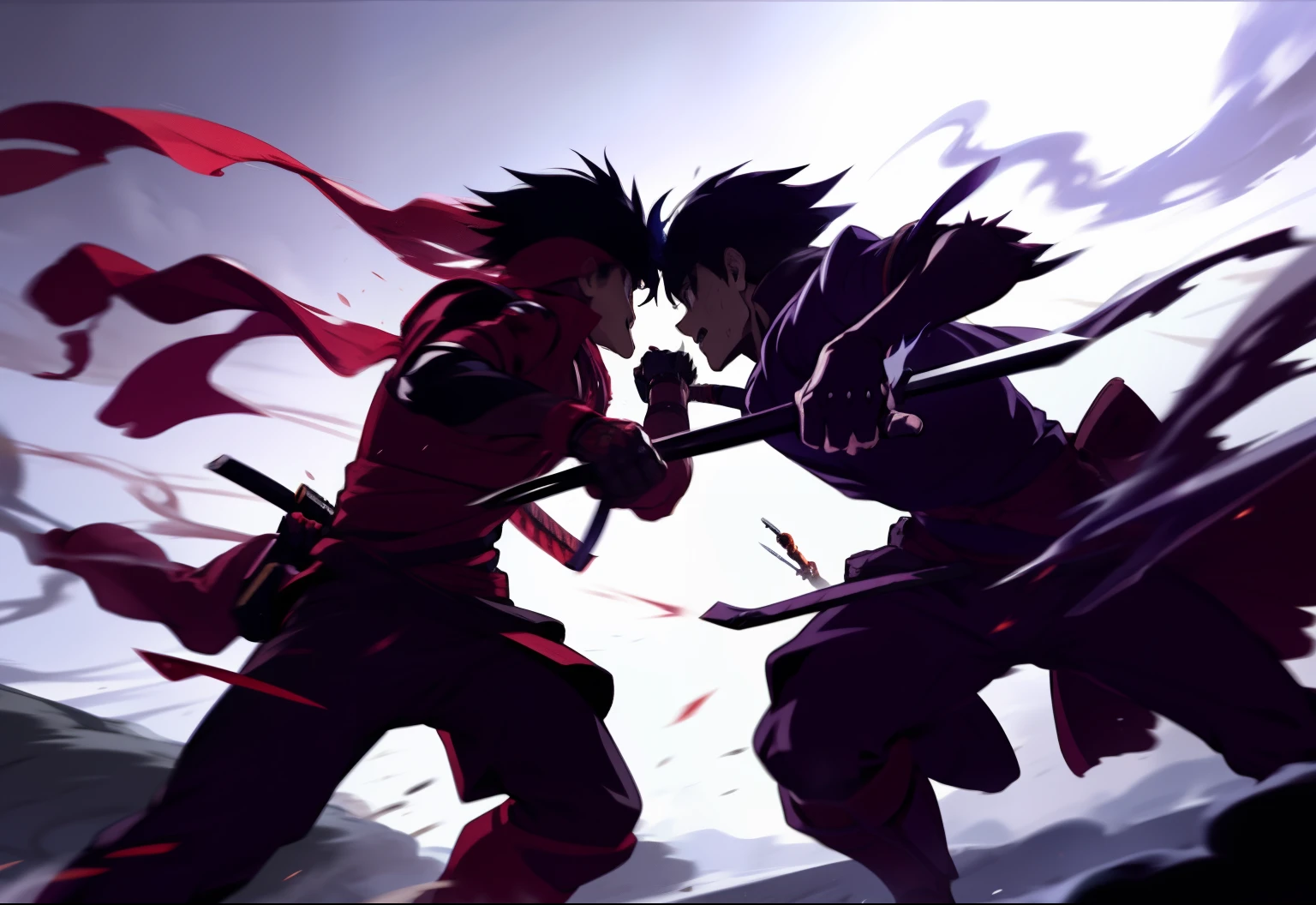 Battle scene two boys fight, Dust, Smoke, arma, katanas, holding weapon, Dynamic Pose, Motion Blur, emphasis lines, sparks, plasma, aura, Knife tail root hand,