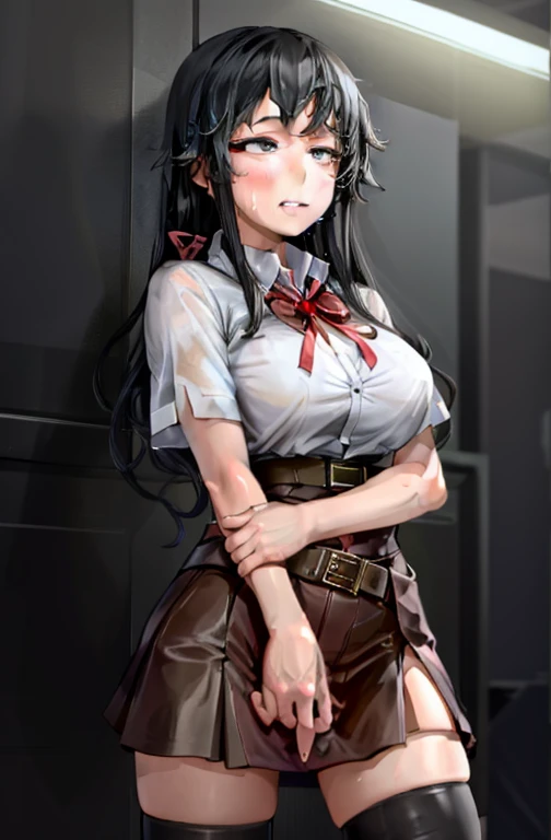 1 girl as yukino yukinoshita, absurdres, highres, solo, school uniform, big breasts, waist long black hair, (twintails:0.5), miniskirt, black thighhigh socks, loose red ribbon, unbuttoned white shirt, (ahegao:1.1), (rolling eyes:1.1), (female masturbation:1.1)