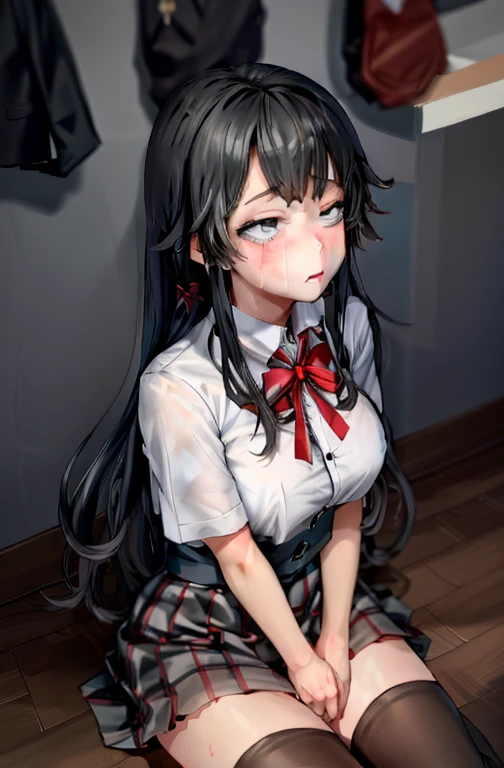 1 girl as yukino yukinoshita, absurdres, highres, solo, school uniform, big breasts, waist long black hair, (twintails:0.5), miniskirt, black thighhigh socks, loose red ribbon, unbuttoned white shirt, (ahegao:1.1), (rolling eyes:1.1), (female masturbation:1.1)