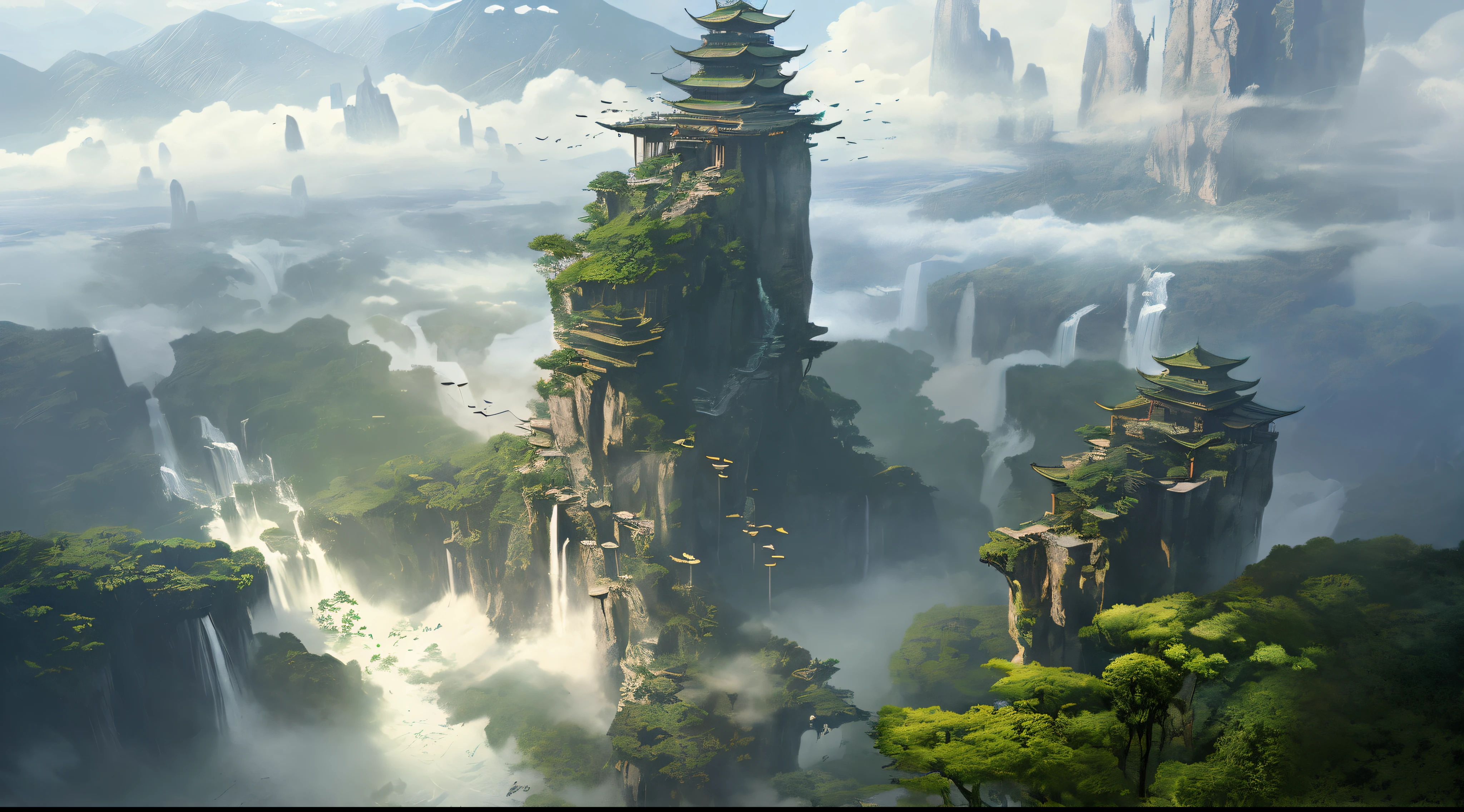 There  a tall tower there，There  a waterfall in the middle, chengwei pan on artstation, Inspired by Raphael Crocodile, Raphael Crocodile (Raphael Racocile, Raphael Lacoste (Raphael Lacoste), concept-art | feng zhu, Author Qi, matte painting concept art, High fantasy matte painting, fantasy matte painting, by Ruan Jia, concept art matte painting