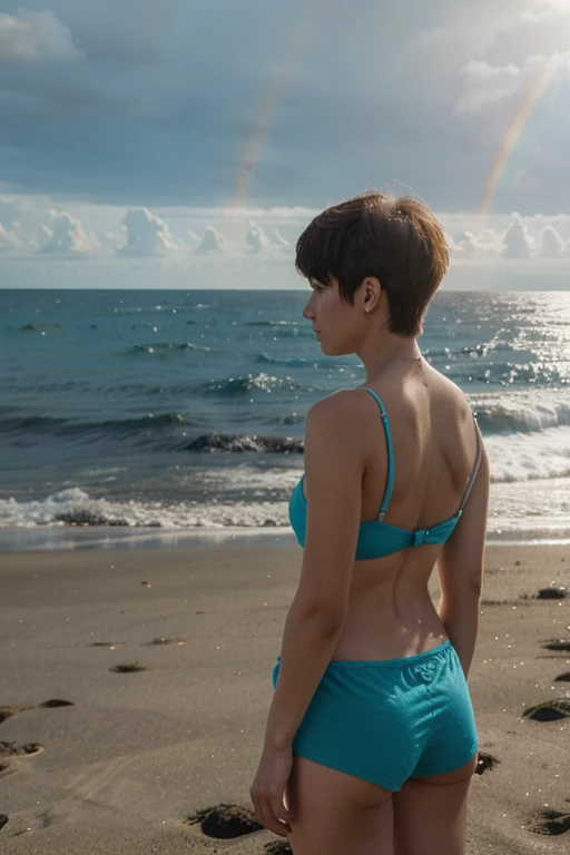 girl with short hair stands with her back sun, rainbow and ocean