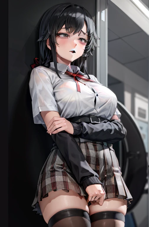 1 girl as yukino yukinoshita, absurdres, highres, solo, school uniform, big breasts, waist long black hair, (twintails:0.5), miniskirt, black thighhigh socks, loose red ribbon, unbuttoned white shirt, (ahegao:1.1), (rolling eyes:1.1), (female masturbation:1.1)