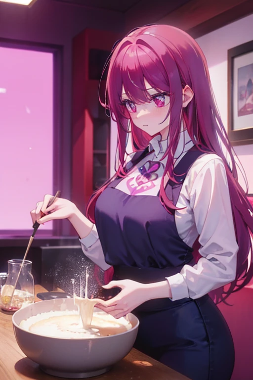 A pink haired woman with violet eyes with an hourglass figure is baking a cake with a red haired woman with red eyes