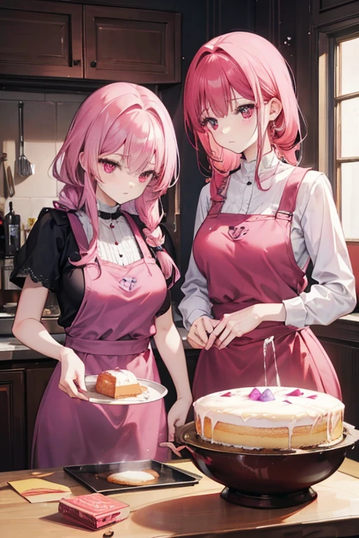 A pink haired woman with violet eyes with an hourglass figure is baking a cake with a red haired woman with red eyes