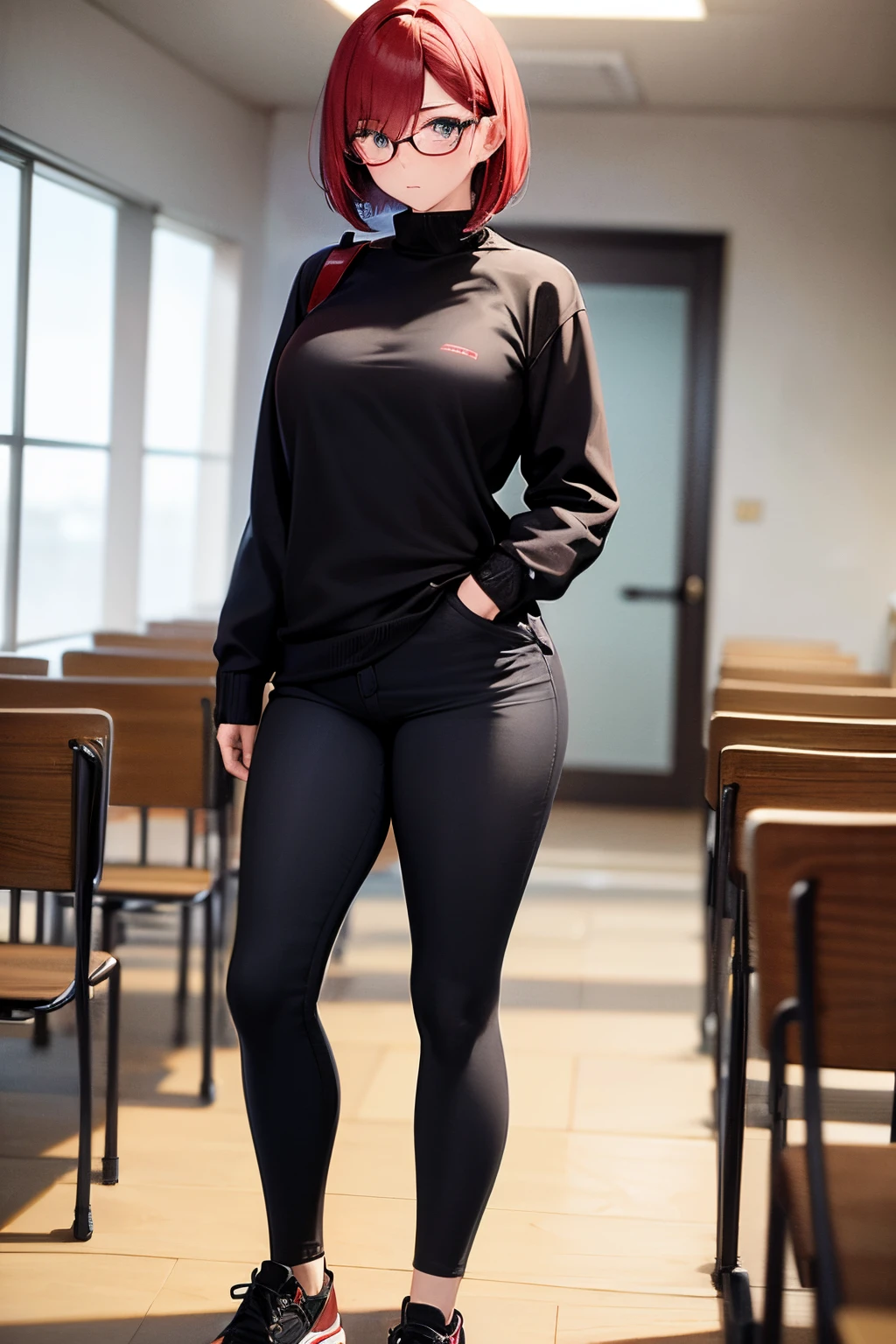 anime, masterpiece, best quality, full body, tall, young, perfect face, thick, red bob hair, round glasses, black sweater, black pants, black sneakers, standing calm in the classroom, black backpack