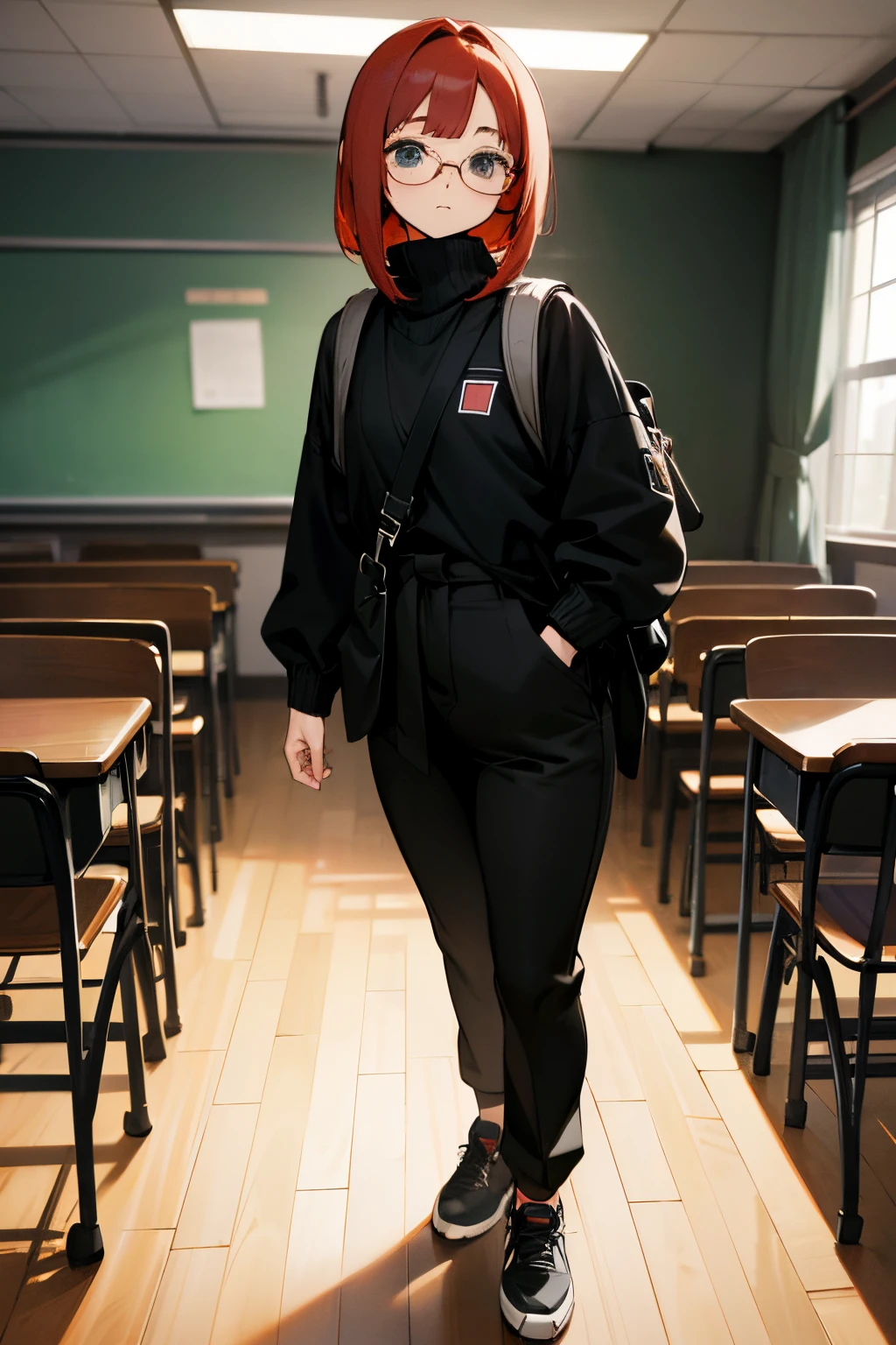 anime, masterpiece, best quality, full body, tall, young, perfect face, thick, red bob hair, round glasses, black sweater, black pants, black sneakers, standing calm in the classroom, black backpack