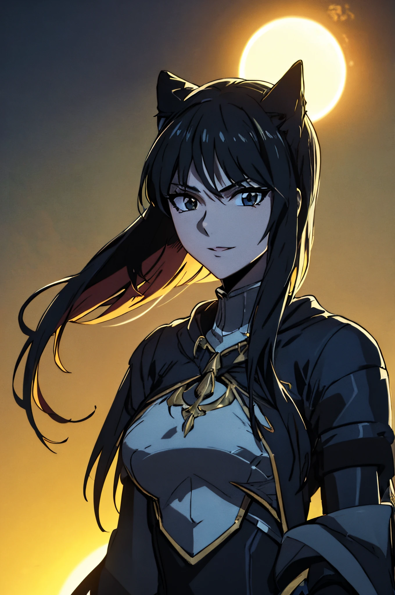 female villain, beautiful flowing hair, detailed, standing,upper body, skinny, black solar eclipse, esoteric,