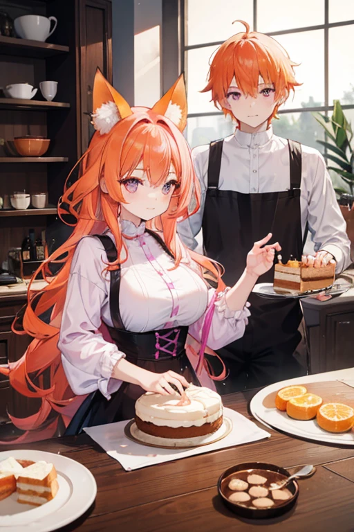 A pink haired woman with violet eyes with an hourglass figure is baking a cake with an orange haired man with orange eyes and orange fox ears