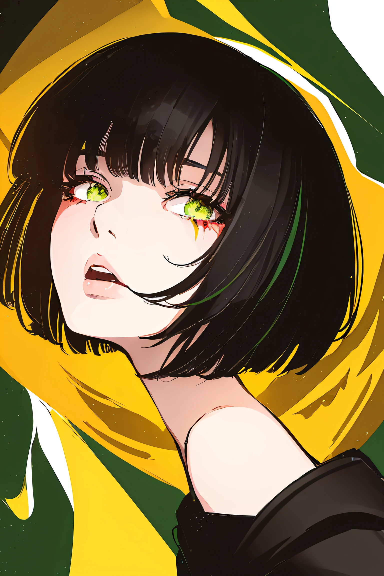 Painting of one girl,Solo, Black hair, (Green background), Bangs, Detailed eyes, Clepax, (Open mouth, profile, From Side, Facing up,) Looking Up ,p0ll0ck, Yellow dress, bob cuts, Fog in the background, (red blood explosion, gunshot,)