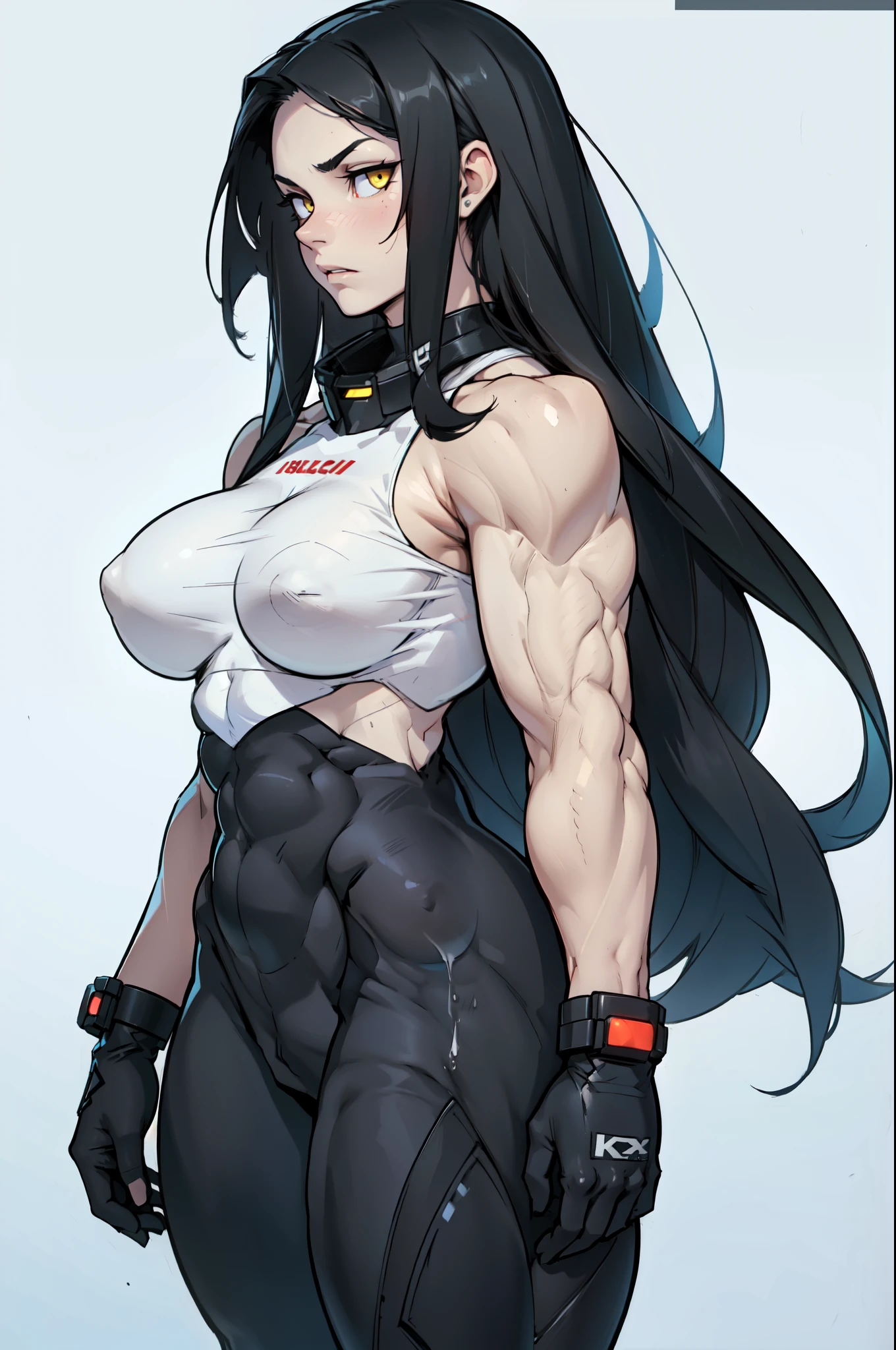 ((((muscular 1girl)))) ((((thick toned body breasts)))) (pale skin) black hair yellow eyes very long hair expressionless expressionless skintight from side