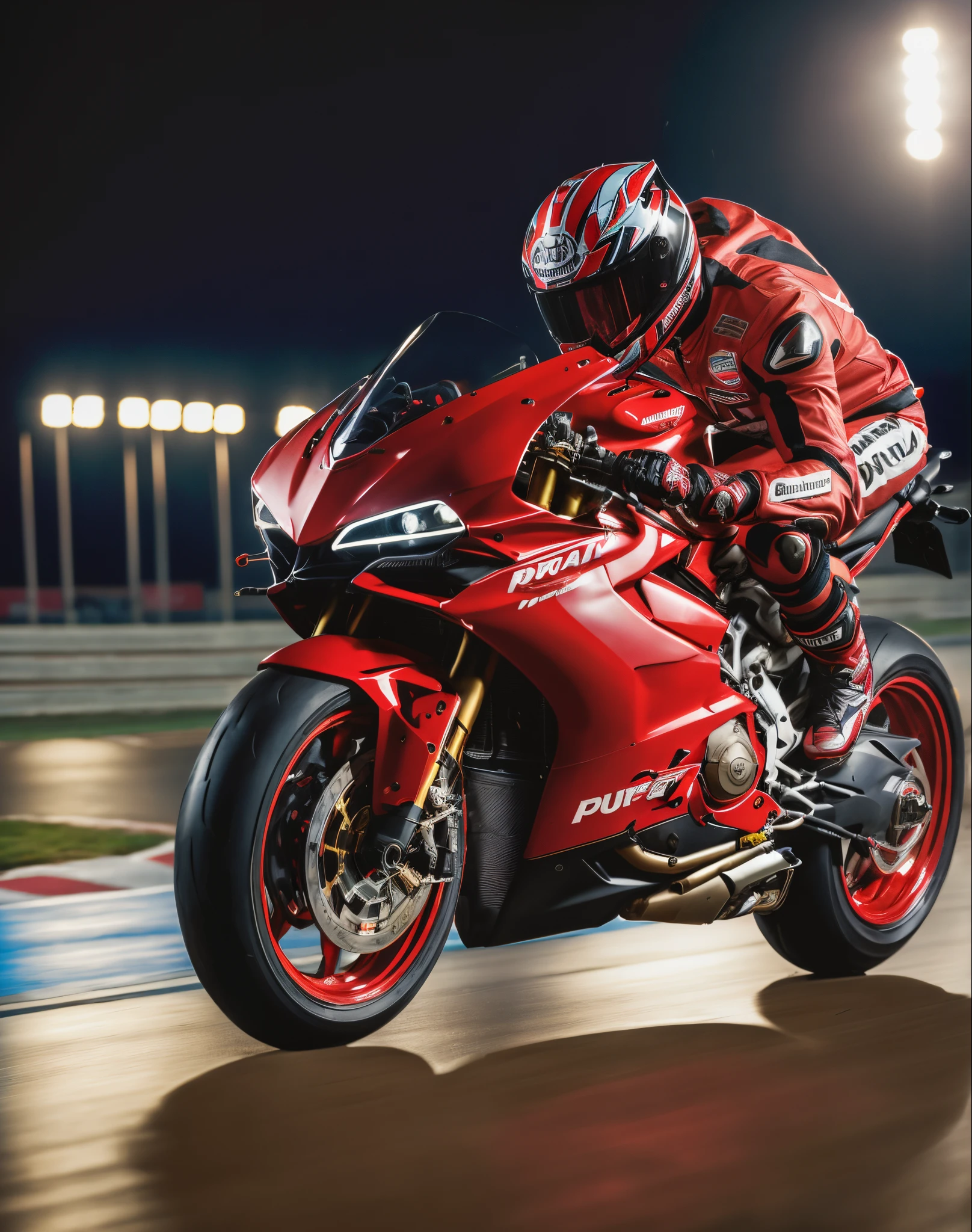 arafed man in red riding a red motorcycle on a track, portrait shot, huge ducati panigrale motorbike, red and cinematic lighting, hyper realistic ”, hyper realistic”, 8 k octane comprehensive render, closeup portrait shot, poster shot, “hyper realistic, photo realistic octane render, full frame shot, hyper - realistic render, hyper-realistic render, Show motion, Wheel spin, Smoke from the back tire,