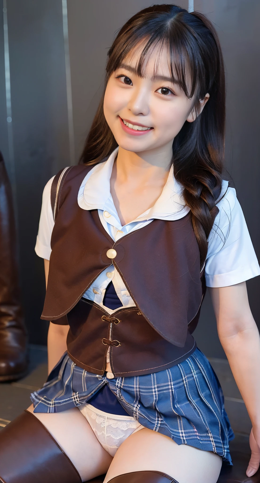a closeup, ​masterpiece, top-quality, FULL ANATOMY、Raw foto, Photorealsitic、(Cute little face:1.4)、(Very cute smile:1.7)、(with round face:1.8)、(She looks like an idol and is cute:1.7), (A dark-haired)、(cute school uniform:1.7), depth of fields, hight resolution, ultra-detailliert, finely detail, ighly detailed, extremely detailed eye and face, Realistic pupils, foco nítido, Cinematic lighting、18-year-old woman、(One lady、Only one person、独奏、without background:1.9)、 (poneyTail、curlyhair:1.4)、Very detailed 8k wallpaper、Show me your whole body、Looking at the camera、(Too short plaid pleated skirt、I can see the white panties、Plump panties、Lift the hem of the skirt with both hands、Showing her panties to the camera:1.7）、(Brown Long Boots:1.6)、Angle from below、(Thigh close-up:1.6)、(Nice figure、big breasts thin waist)、(Clothes with emphasized chest bulge、Colossal tits:1.7)、Background depth of field
