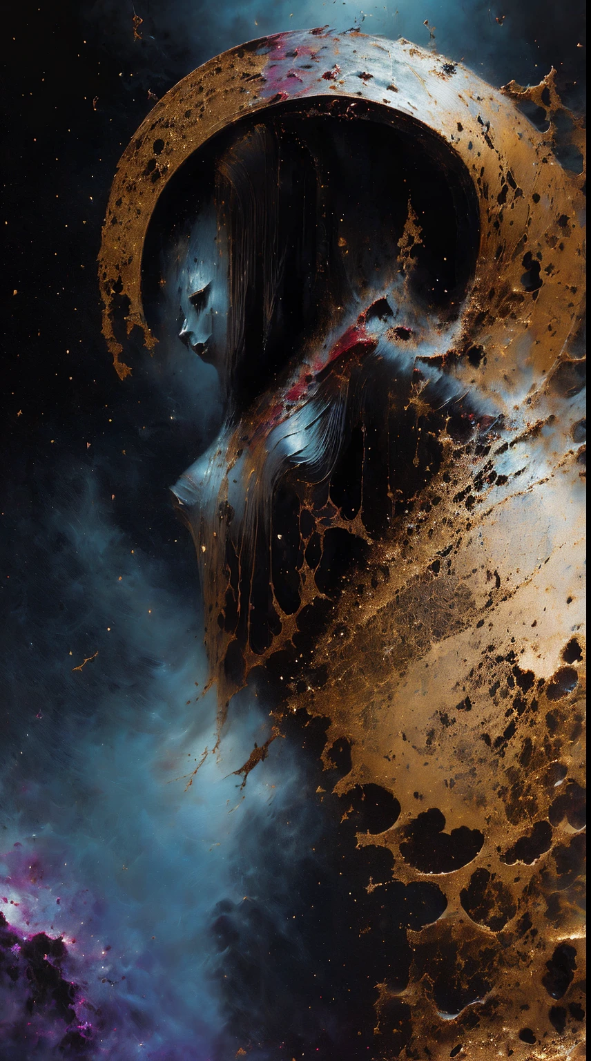 (body formed by galactic liquid mauevine and black metallic paint twisting into a beautiful interpretation of the female figure), au naturel,((complex galactic metallic colours in the foreground)), (( fluid mechanics, the loveliest smooth scale face makeup, smirky expression)) - red, black and gold, onyxia, metallic color palette g0s1