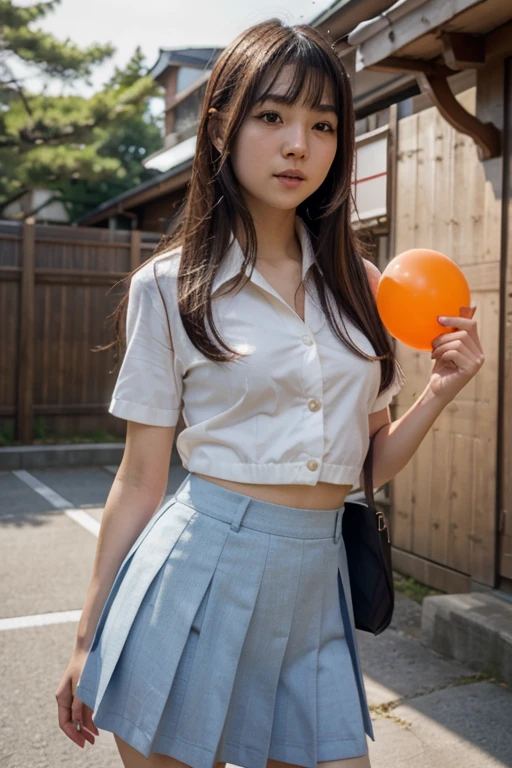 generate cute Japanese girl, , perfect body, ultra realistic skin, Japanese school uniform, playing with a balloon