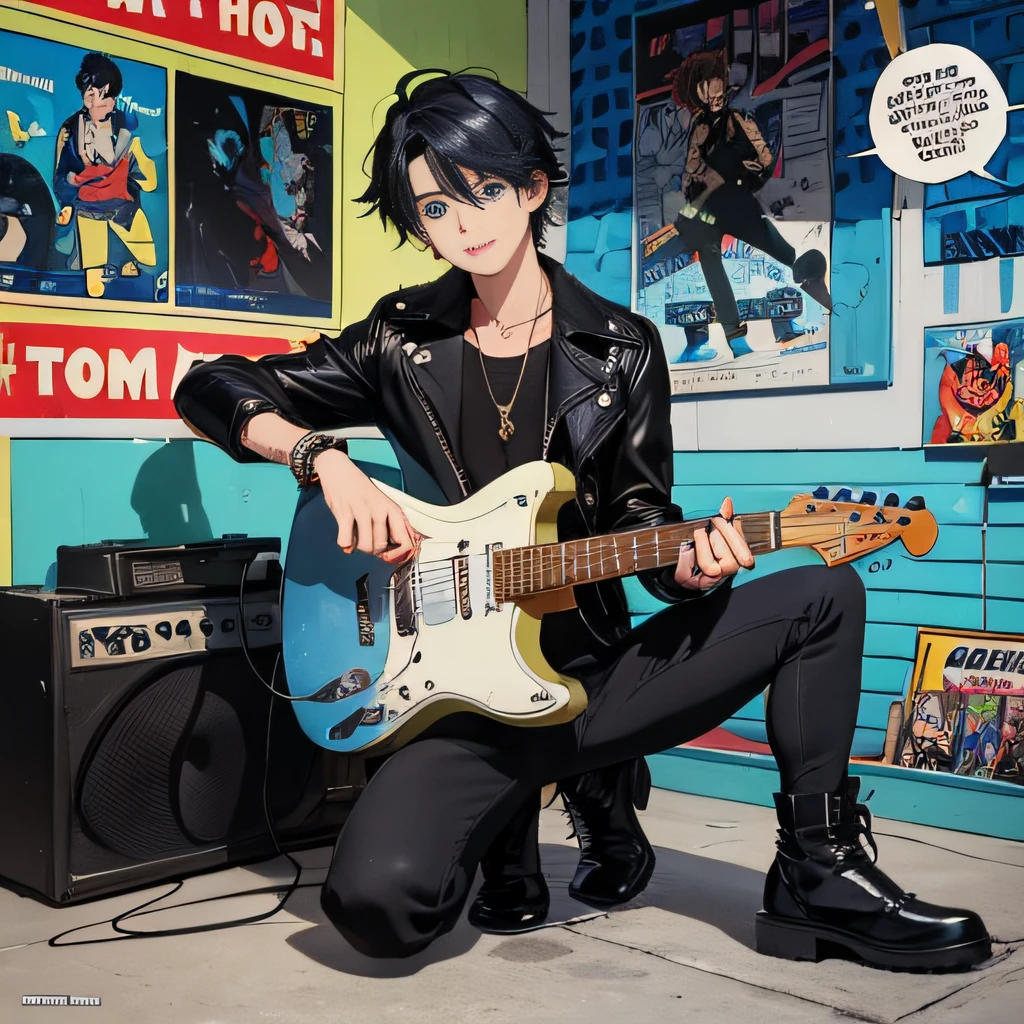 (((tmasterpiece))), ((Manhwa Style, trending art)), ((comic style background)), {((Beautiful and meticulous boy)), (((perfect man anatomy))), A male anime character holding an electric guitar looks at the camera with an expression, 1boys, jaqueta de couro, guitar, music instrument, electric guitar, leathers, jewely, bangle, Alone, jaket, eBlue eyes, brunette color hair, boots, Colorful hair, blackfootwear, ssmile, Paddles, with her mouth open, a skirt, Black jacket,