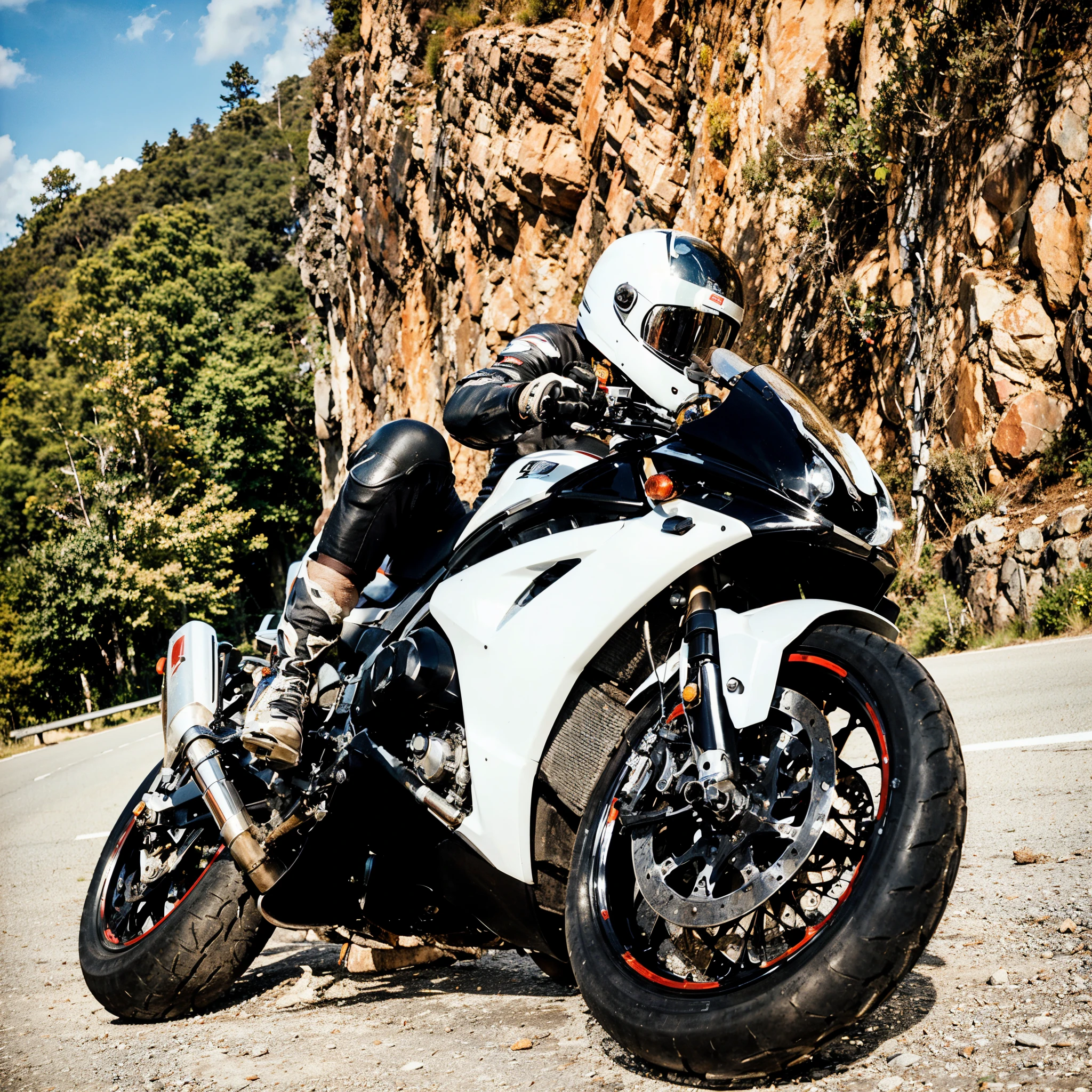 motorcycle rider leaning on a motorcycle on a mountain road, motorcycles, motorcycle, motorbiker, riding a motorcycle, action sports, riding on the road, sitting on a motorcycle, motorsports photography, chrome motorcycle parts, wheelie, r6, screensaver, riding, yoshimura exhaust, postprocessed, lonely rider, 35840k film, motorbike
