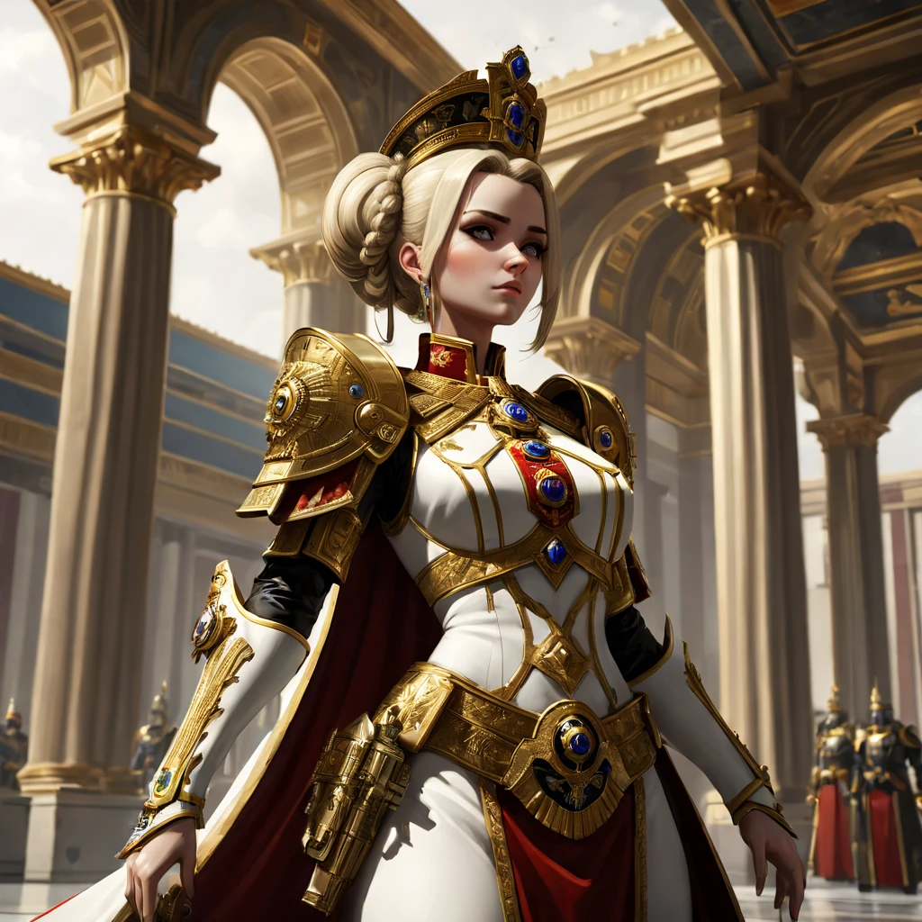 Warhammer 40k, A regal woman hailing from an Imperial world, adorned in luxurious attire befitting her noble status. She exudes an air of authority and sophistication, with subtle signs of affiliation to the Imperial Creed. Mid-shot. Slightly from below. Background: The opulent halls of an Imperial palace, adorned with symbols of the Imperium, and perhaps an Aquila prominently displayed to showcase her unwavering allegiance. best quality, masterpiece, ultra-detailed, 8k, depth of field, cinematic composition.
