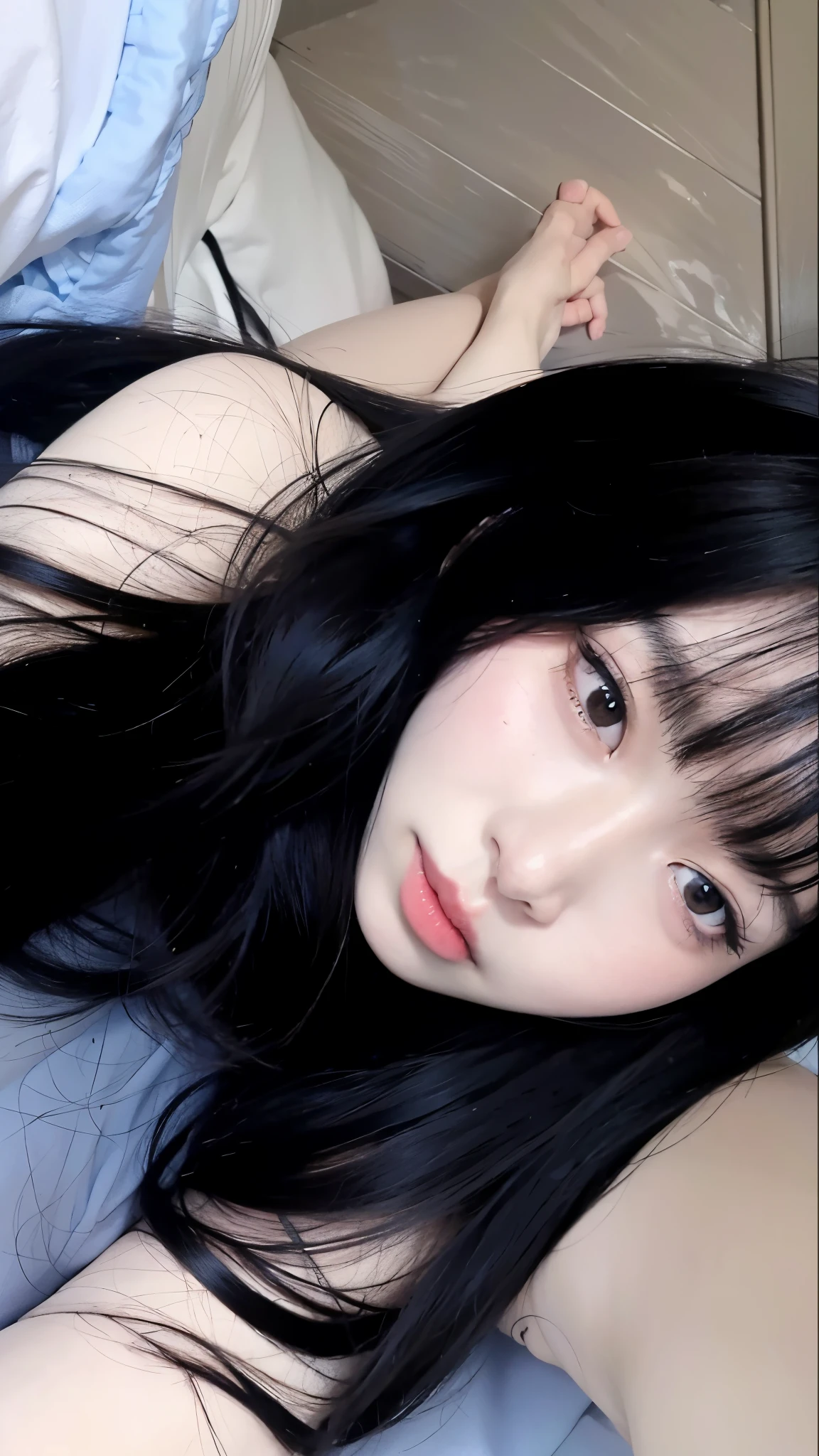 Arafed asian woman with long black hair lying on a sofa, Sui Ishida com cabelo preto, preto hime corte cabelo, Ulzzang, Ela tem cabelo preto com franja, Shikami, 1 7 - year - old anime goth girl, cabelo preto rosto bonito, cabelos pretos e olhos grandes,  bonito-fino-cara