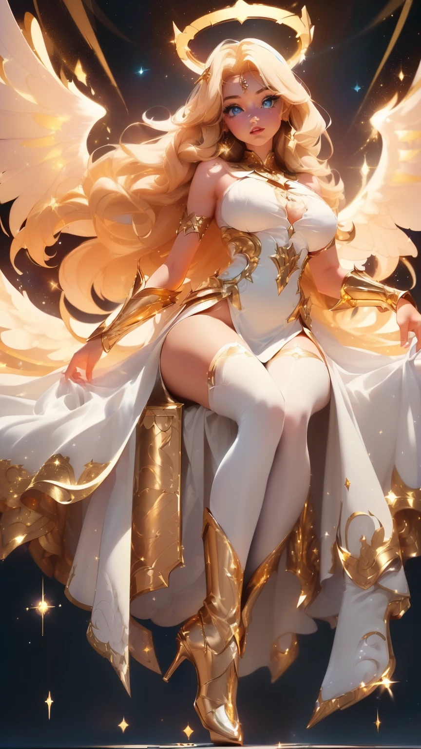 ((Magnificent, celestial, floating above ground)) ((posing sexy complete body)) ((beautiful russian supermodel is a celestial angel)) ((Big bright blue eyes)), ((dark eyeshadows make up)) ((bright red lipstick)), ((with seductive gaze)) ((very long light blonde hair))((huge breasts:1.5)) ((perfect slender body:1.3)) ((small waist;1.3)) ((wears sexy fantasy long white dress with gold ornament, long fabric tail)) ((gauntlet and white stocking, gold high heel boots)) ((halo of light and gold over her head and behind her, three pair of big white wings)) ((glowing magic sparks particles floating around))((with black sky background and white light reflectors on her)), ((high definition:1.5), ((amazing lights and shadows)) ((masterpiece:1.5))((8k:1.5)) ((Best quality:1.4))