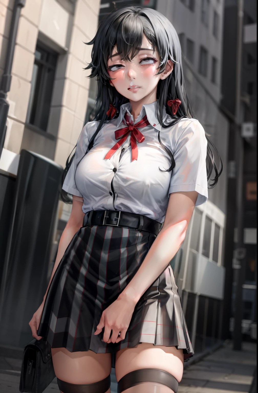 1 girl as yukino yukinoshita, absurdres, highres, solo, school uniform, big breasts, waist long black hair, (twintails:0.5), miniskirt, black thighhigh socks, loose red ribbon, unbuttoned white shirt, (ahegao:1.1), (rolling eyes:1.1), (female masturbation:1.1)