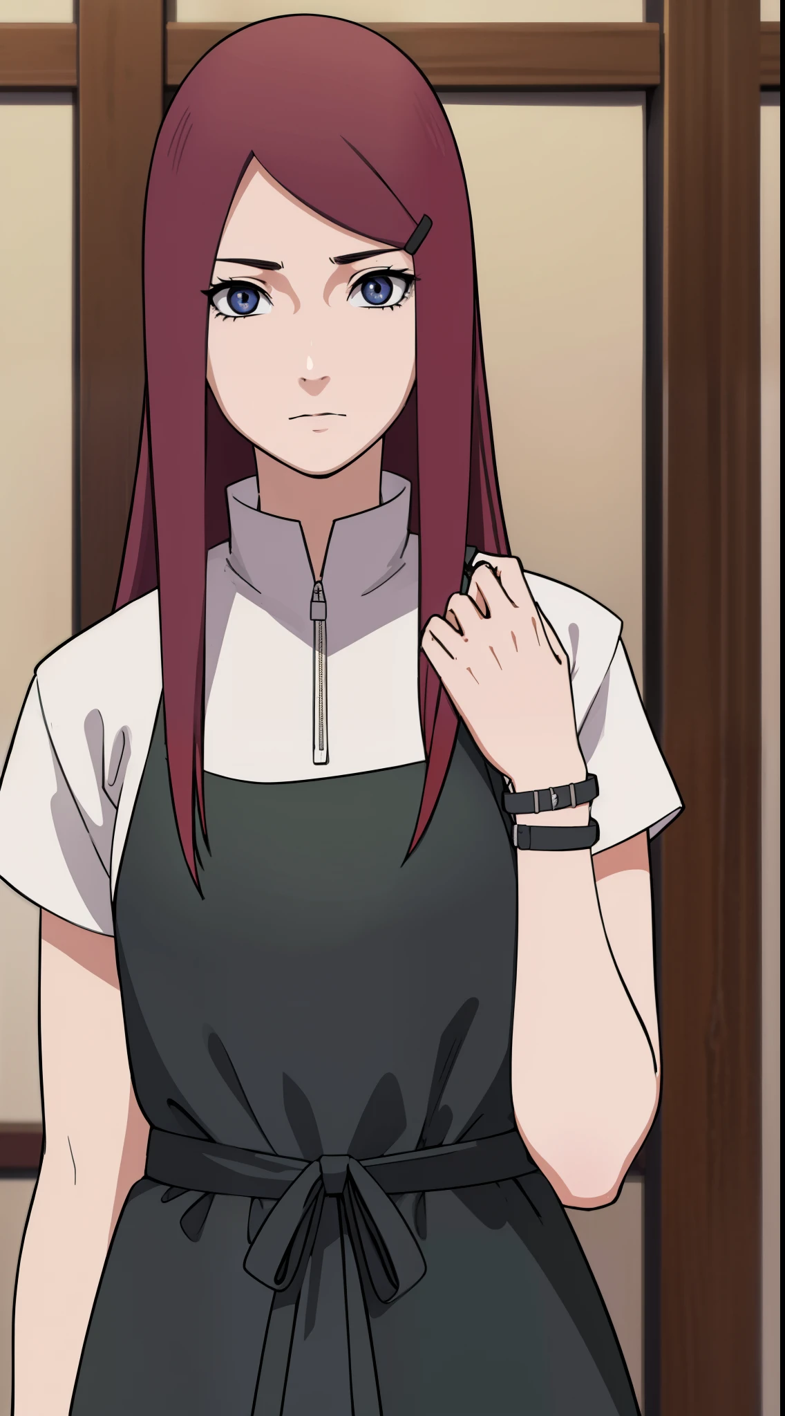 kushina, kushina, long hair, hair ornament, red hair, hairclip, (grey eyes:1.5),
BREAK shirt, dress, jewelry, white shirt, short sleeves, apron, bracelet, green apron, collar,
BREAK looking at viewer, upper body, full body, cowboy shot,
BREAK indoors,
BREAK (masterpiece:1.2), best quality, high resolution, unity 8k wallpaper, (illustration:0.8), (beautiful detailed eyes:1.6), extremely detailed face, perfect lighting, extremely detailed CG, (perfect hands, perfect anatomy),