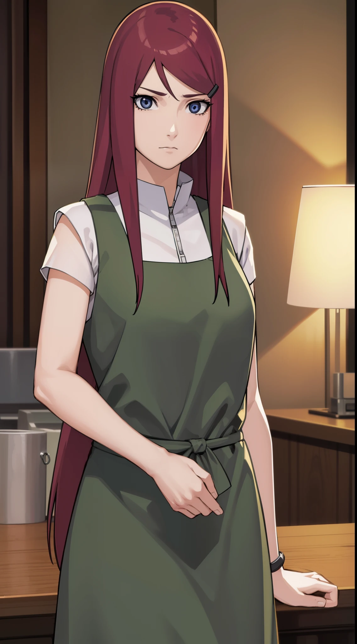 kushina, kushina, long hair, hair ornament, red hair, hairclip, (grey eyes:1.5),
BREAK shirt, dress, jewelry, white shirt, short sleeves, apron, bracelet, green apron, collar,
BREAK looking at viewer, upper body, full body, cowboy shot,
BREAK indoors,
BREAK (masterpiece:1.2), best quality, high resolution, unity 8k wallpaper, (illustration:0.8), (beautiful detailed eyes:1.6), extremely detailed face, perfect lighting, extremely detailed CG, (perfect hands, perfect anatomy),