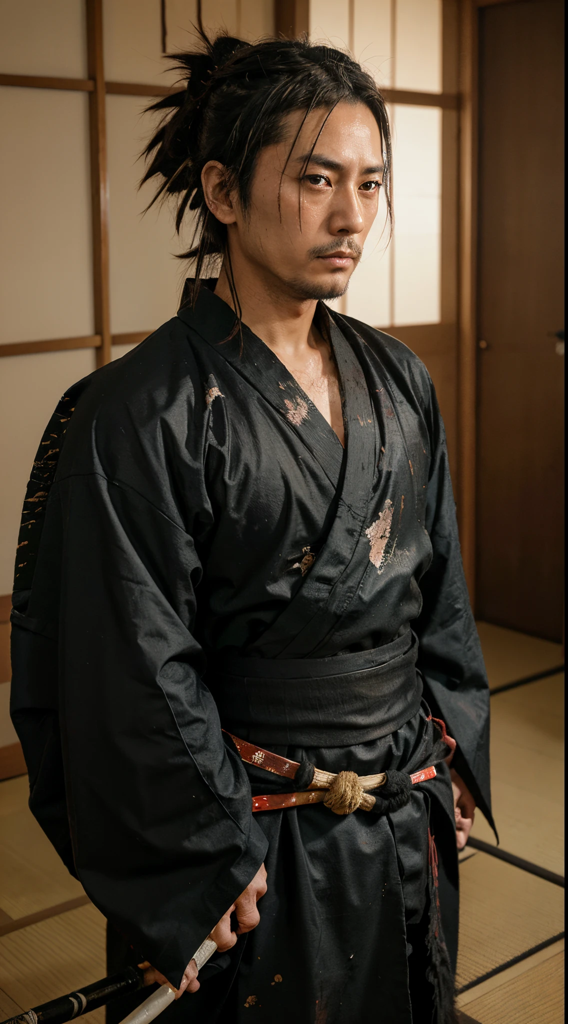 34 year old japanese male samurai ronin wearing black kimono dirty kimono two swords messy hair tied up hair staring far away anime style fierce look dirty face wasted miyamoto musashi shinmen takezo