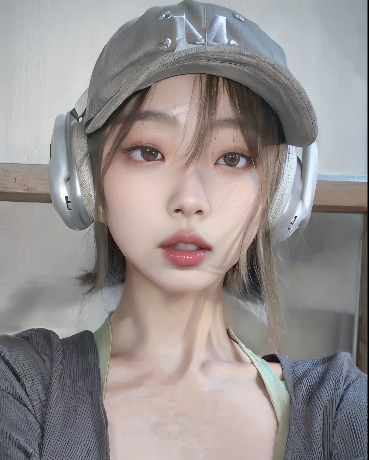 arafed woman with headphones and a baseball cap on, ulzzang, 🤤 girl portrait, anime girl in real life, korean girl, pale round face, korean symmetrical face, anime vibes, guweiz, 19-year-old girl, girl cute-fine-face, artwork in the style of guweiz, cruel korean goth girl
