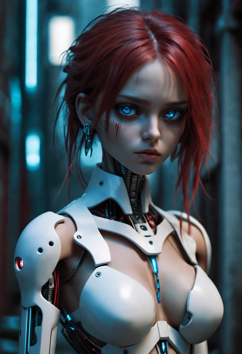 full body shot:1.7), (Masterpiece, photorealistic, photorealism, best quality, ultra-detailed:1.3), (nice hands, perfect hands), official art, cinematic light, (1girl:1.3), , high-tech female cybernetic doll, ultra high res, intricate detail, exquisite details and textures, atmospheric perspective, establishing-shot, detailed face, makeup, dirty skin, dirty chassis, (light blue hair), very long hair, messy hair, downcast eyes, depressed, amazing red eyes, sad eyes, weary and sad expression, eyes pleading to viewer for help, looking down, looking ashamed, looking hopelessness, sitting against a dirty wall in an alley, earrings, small breasts, slim body, (white cyborg:1.4), cybernetic led lights, blue lights, doll ball joints, part human, (cybernetic doll:1.4) (futuristic dystopian city, gloomy and polluted background), laage capitalism, dim lighting, ((front lighting)), high resolution, (aburdres:1.4), aburd res, intricatel