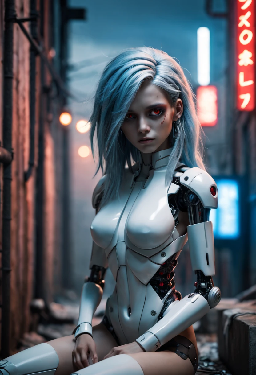 full body shot:1.7), (Masterpiece, photorealistic, photorealism, best quality, ultra-detailed:1.3), (nice hands, perfect hands), official art, cinematic light, (1girl:1.3), , high-tech female cybernetic doll, ultra high res, intricate detail, exquisite details and textures, atmospheric perspective, establishing-shot, detailed face, makeup, dirty skin, dirty chassis, (light blue hair), very long hair, messy hair, downcast eyes, depressed, amazing red eyes, sad eyes, weary and sad expression, eyes pleading to viewer for help, looking down, looking ashamed, looking hopelessness, sitting against a dirty wall in an alley, earrings, small breasts, slim body, (white cyborg:1.4), cybernetic led lights, blue lights, doll ball joints, part human, (cybernetic doll:1.4) (futuristic dystopian city, gloomy and polluted background), laage capitalism, dim lighting, ((front lighting)), high resolution, (aburdres:1.4), aburd res, intricatel