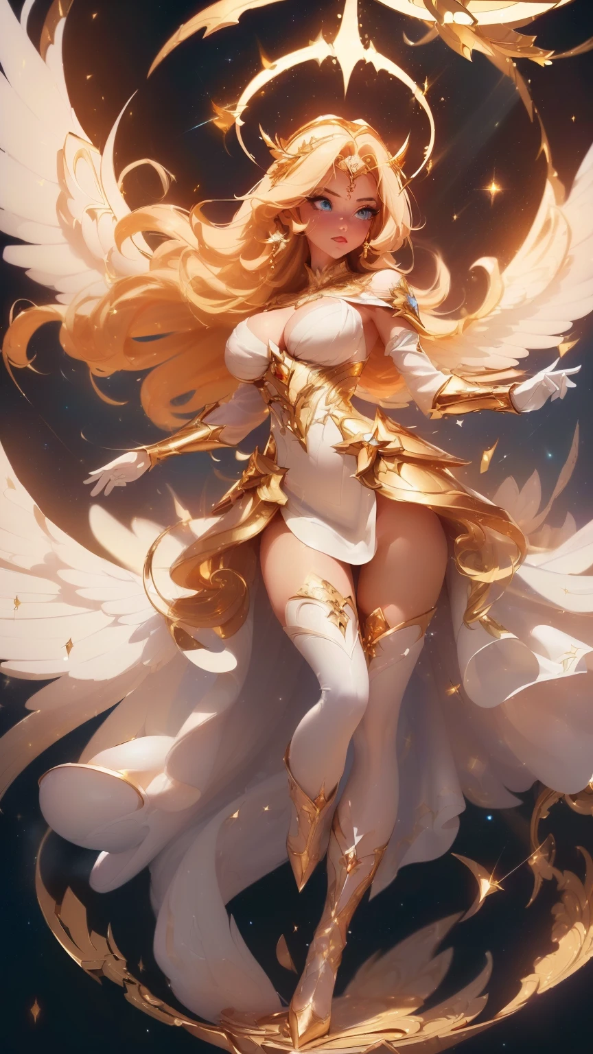 ((Magnificent, celestial, floating above ground)) ((posing sexy complete body)) ((beautiful russian supermodel is a celestial angel)) ((Big bright blue eyes)), ((dark eyeshadows make up)) ((bright red lipstick)), ((with seductive gaze)) ((very long light blonde hair))((huge breasts:1.5)) ((perfect slender body:1.3)) ((small waist;1.3)) ((wears sexy fantasy long white dress with gold ornament, long fabric tail)) ((gauntlet and white stocking, gold high heel boots)) ((halo of light and gold over her head and behind her, three pair of big white wings)) ((glowing magic sparks particles floating around))((with black sky background and white light reflectors on her)), ((high definition:1.5), ((amazing lights and shadows)) ((masterpiece:1.5))((8k:1.5)) ((Best quality:1.4))