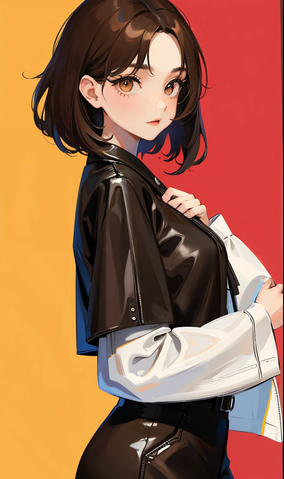 1 girl, black hair, average hair length, brown eye, black wide-leg clothing