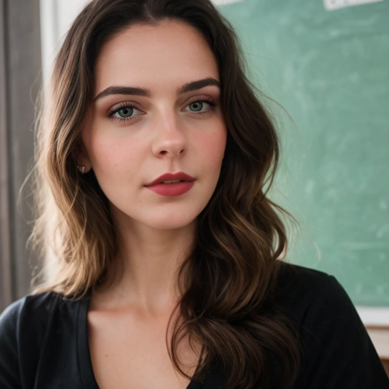 young teacher, realistic, 30-year-old woman, face picture, makeup, lipstick, black hair, long hair, white skin, thin nose, green eyes, gorgeous, perfect face, detailed skin, teacher's outfit, slightly curly hair, frontal, Looking at the Viewer, Instagram-style , selfie, high image quality, 8k, Realistic, r3al, leonardo, ellafreya, Realism,