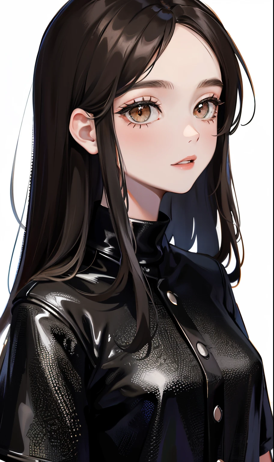 1 girl, black hair, average hair length, brown eye, black clothing
