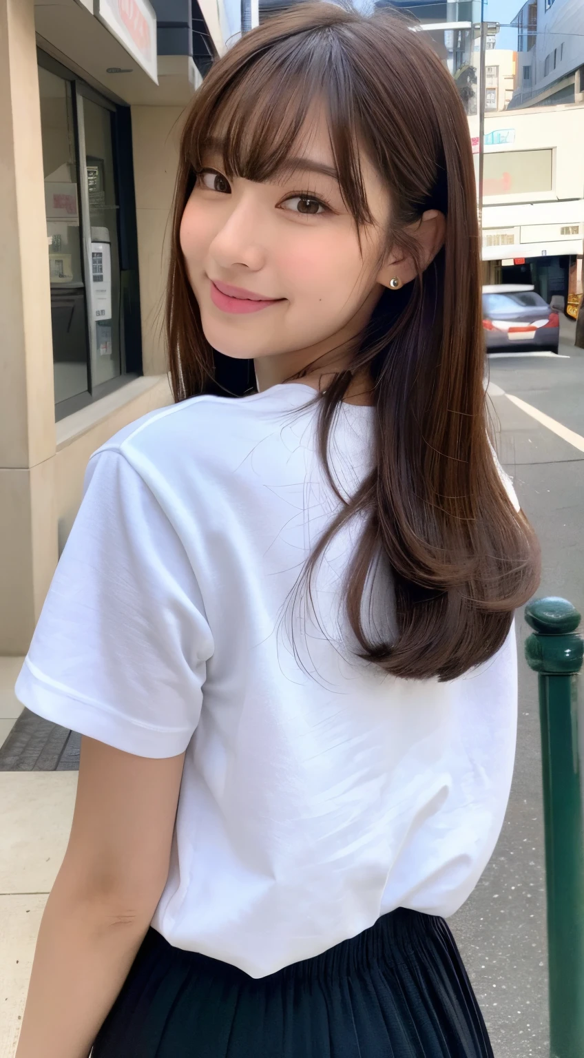 (8K、Raw photography、top-quality、masuter piece:1.2)、ultra-detailliert、ultra res、(realisitic、rialistic photo:1.37)、portlate、high-definition RAW color photography、Professional Photography、highly detailed and beautiful、ighly detailed、8K Picture Wallpaper、amazing detailed、huge filesize、Official art、Highly detailed CG Unity 8K wallpapers、highly detailed beautiful girl、extra detailed face、extremely detailed eye、highlydetailed skin、extremely detailed fingers、highly detailed nose、very detailed detailed mouth、Perfect Anatomy、highly detailed back ground、Highly detailed clothing、女の子 1 人、(18:1.2)、、Cute girl funny Japanese idol、cute little、Realistic body、小柄、de pele branca、glistning skin、Slim body、Handsome body、brown haired、short constricted curly hair、(Blunt bangs:1.2)、A smile、kawaii、zora々Right、kawaii faces、Lifelike face、Delicat eyes、Sauce order、White T-shirt、skirt by the、耳Nipple Ring、Looking at the camera、cowboy  shot、front facing、Standing、Contrapo, high street, public, 动态照明,No bangs、Center Part、Korean style