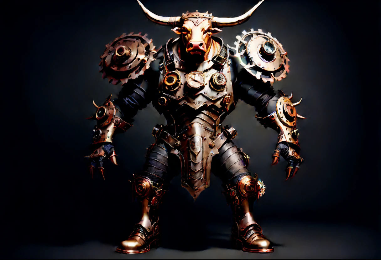 Steampunc,((Anthropomorphic bull)),musculoso,Steampunk mechanical gears integrated into clothing,intricate patterns on clothes,(Botas de couro resistentes),Buttons and buckles for steam power accessories、copper accent arm gloves、Gears and gears protruding from the arms、Smoke and steam emitted by lighting of an elancolic nature、dark and atmospheric background、textura de metal enferrujado、paleta de cores vintage、Resistant and robust energetic aesthetic posture、Art Nouveau Inspiration,dramatic shadow,tatuagem intrincada de qualidade,4k,8k,estruturas altas,tmasterpiece:1.2)。
