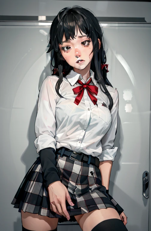 1 girl as yukino yukinoshita, absurdres, highres, solo, school uniform, big breasts, waist long black hair, (twintails:0.5), miniskirt, black thighhigh socks, loose red ribbon, unbuttoned white shirt, (ahegao:1.1), (rolling eyes:1.1), (female masturbation:1.1)