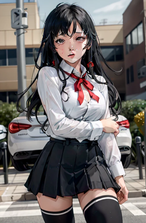 1 girl as yukino yukinoshita, absurdres, highres, solo, school uniform, big breasts, waist long black hair, (twintails:0.5), miniskirt, black thighhigh socks, loose red ribbon, unbuttoned white shirt, (ahegao:1.1), (rolling eyes:1.1), (female masturbation:1.1)