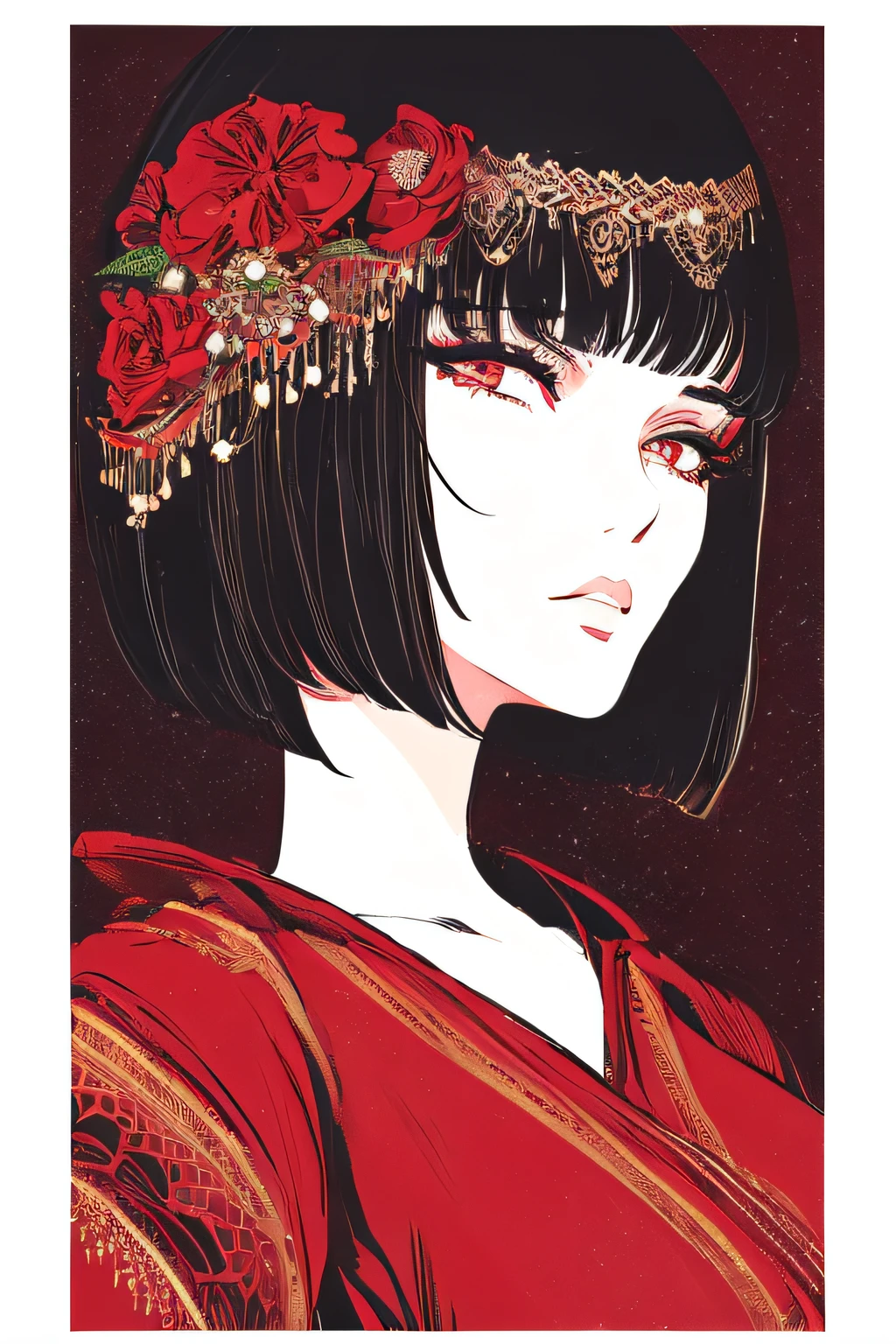 a drawing of a beautiful woman, Clepax, Short hair, Detailed eyes, Black hair, From Side, Red background, border,