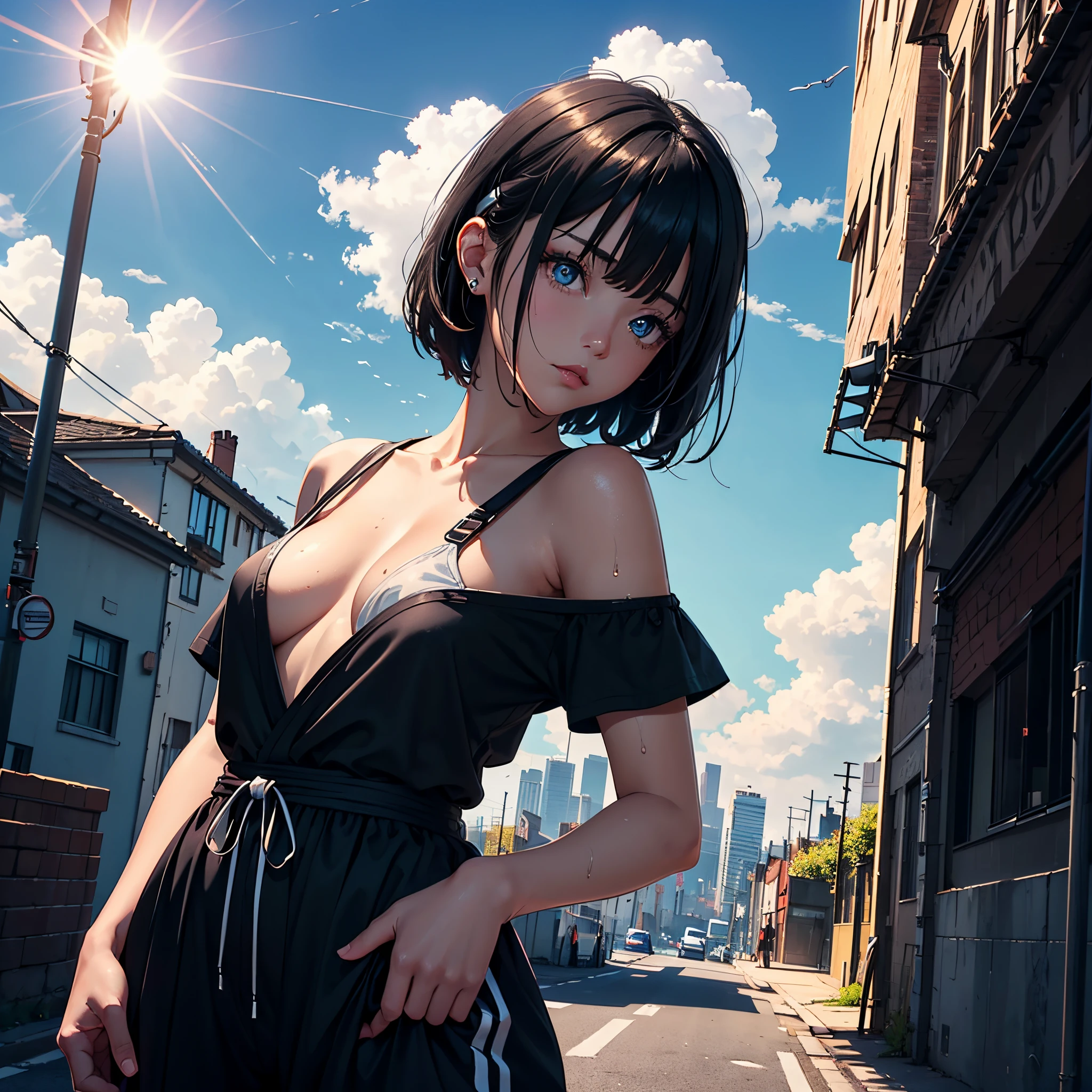 1girl, dark skin, ???????, sun, bright sky, afternoon, solo, small ???????, short hair, streetwear clothes, black clothes, hair band, road, outdoors, sky, full sun, black hair, off shoulder, city area, cloud, holding, sash, ???? shoulders, standing, black hip hop clothes, bright sky, sideboob, obi, bangs, cars, from side, reflection, short hair, beautiful sky, wet hair (((masterpiece),(extremely detailed CG unity 8k wallpaper),best quality,,solo,1girl,cinematic lighting,detailed background,beautiful detailed eyes,bright pupils, (an extremely delicate and beautiful),(Beautiful and detailed eye description)， ultra-detailed,masterpiece,)),